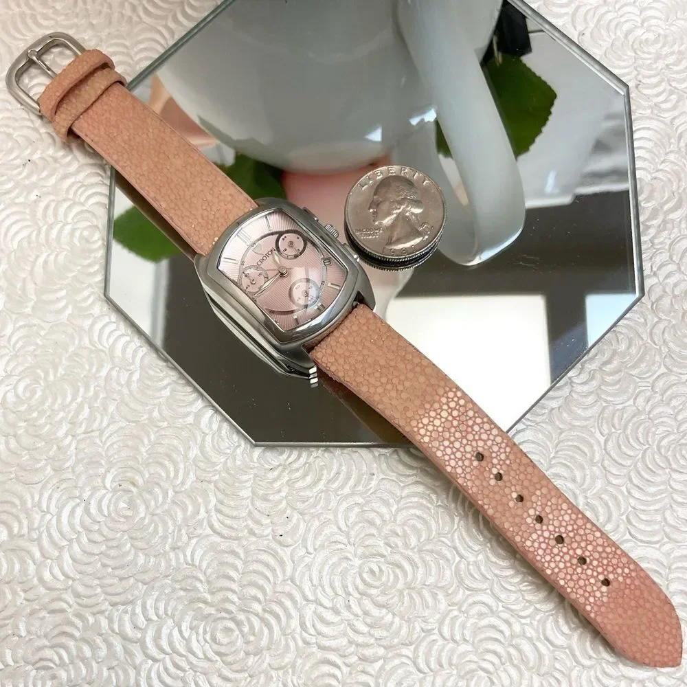 Croton All Stainless Steel Swiss Quartz Chronograph Pink Dial Sharkskin Strap